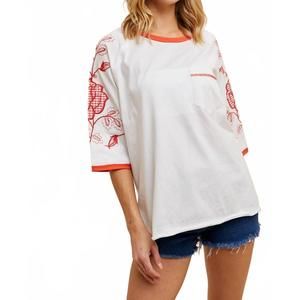 NEW IN-LOOM jillian cotton embroidered ringer tee in white/red